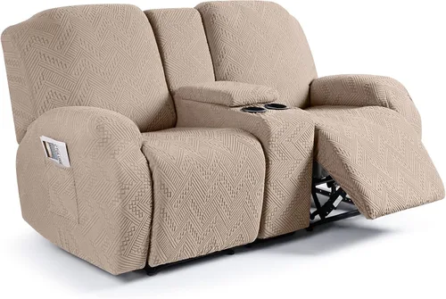 Vista 13 de Ruaozz - Fundas elásticas para sofá reclinable con consola de 4 piezas, con bolsillos, fundas de jacquard para sofá reclinable, protectores