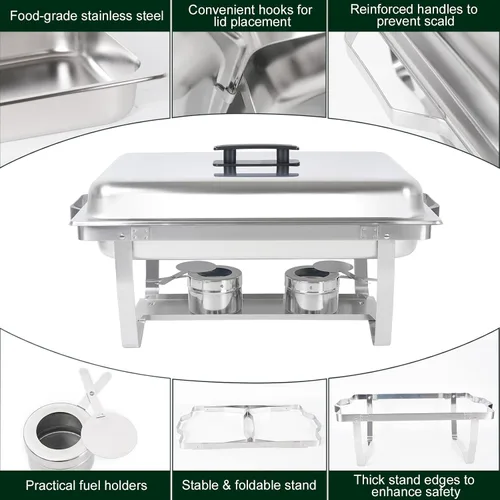 Vista 5 de IMACONE Juego de 2 platos para bufé, rectángulo de 8 cuartos y 5 cuartos de galón de acero inoxidable redondo para catering, chafers