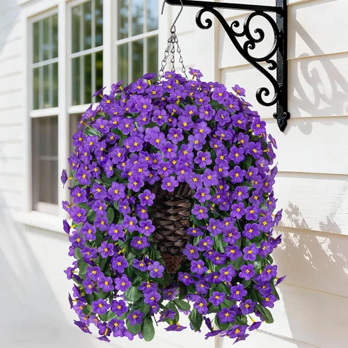 Vista 20 de Flores colgantes artificiales falsas con cesta para decoración al aire libre, resistentes a los rayos UV, flores de margaritas de seda sintética