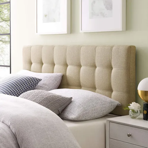 Vista 10 de Modway Lily Cabecero doble tapizado de tela de lino con botones en beige