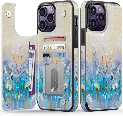 Vista 19 de LETO para iPhone 15 Pro Funda tipo cartera - Tapa tipo folio con patada - Diseños de moda - Tarjetero - Funda protectora para mujeres y niñas - 6.1