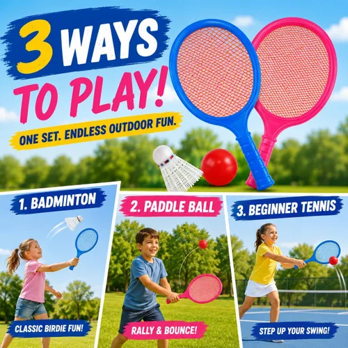 Vista 5 de Juego de raqueta de bádminton para niños, niños pequeños con paletas, pelota y pájaro, para estudiantes de jardín de infantes, deportes al aire