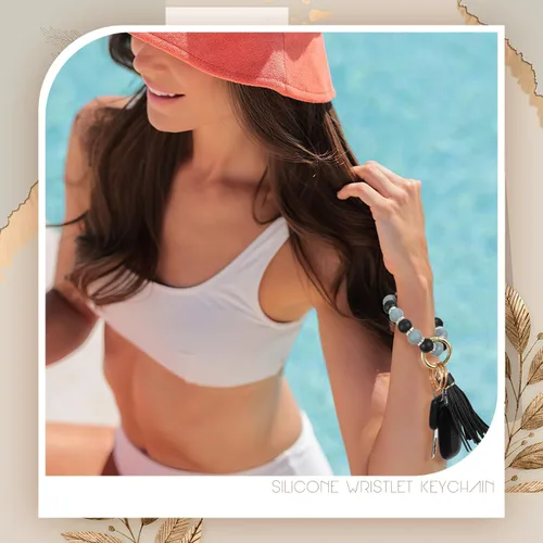 Vista 7 de Llavero pulsera elástica de silicona con cuentas de moda brazalete para llaves de coche para mujeres y hombres