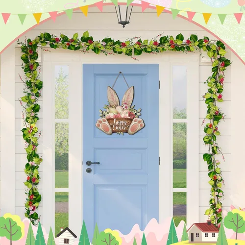Vista 5 de Barydat 1 corona de Pascua para puerta delantera, conejo de bienvenida, letrero de madera, decoración de primavera, placa colgante de Pascua