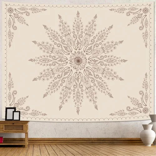 Vista 22 de Fowocu Tapiz bohemio con mandala floral para colgar en la pared, medallón de flores bohemias, tapiz estético, beige, naranja, hippie, indio, pequeño