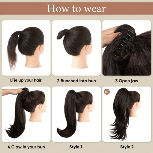 Vista 6 de Extensión de cola de caballo con clip, de 18 pulgadas, extensiones de cabello para mujer, cola de caballo larga y recta, cola de caballo rizada