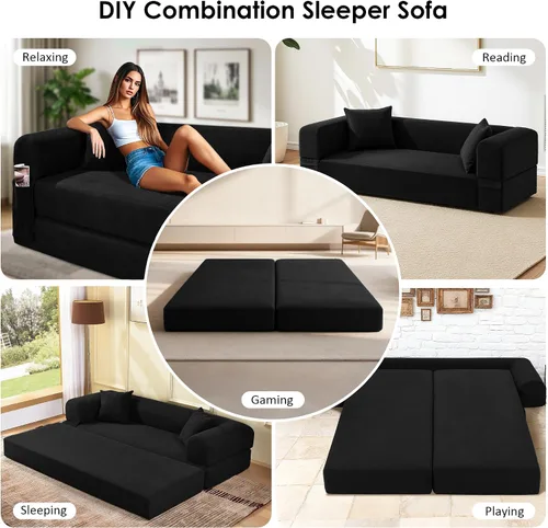 Vista 3 de Sofá cama convertible de 80 pulgadas, sofá cama plegable de pana con almohadas, sofá de compresión moderno sin hueso sin montaje, sofá de compresión