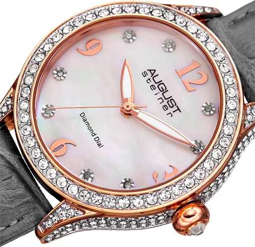 Vista 2 de August Steiner AS8188 - Reloj de pulsera de cuero con 8 marcadores de hora de diamantes con esfera de nácar