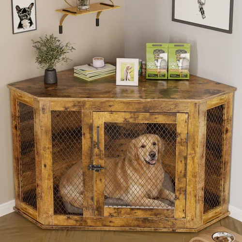 Vista 9 de PUKAMI Muebles de jaula para perros de esquina de 44 pulgadas, muebles de perrera para perros de madera con malla, casa decorativa de madera