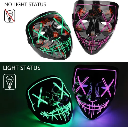 Vista 2 de Paquete de 2 máscaras de Purga de Halloween, máscara de luz LED, máscara de miedo para hombres, niños, cosplay, Halloween, fiestas de máscaras