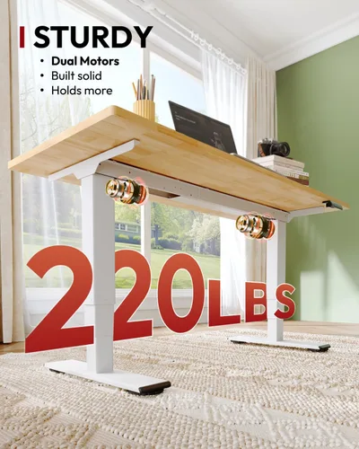 Vista 7 de SANODESK Escritorio de pie de madera maciza de caucho con motor dual 48"x24 Mesa natural + marco blanco