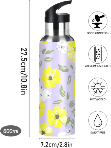 Vista 9 de White Yellow Flowers Violet Stainless Steel Water Bottle 32 Oz Leakproof Water Bottles, BPA-Free Sports Water Bottle with Straw