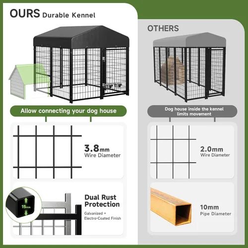 Vista 4 de Perrera para Perros al Aire Libre, Perrera para Perros con Techo y Comederos Giratorios/Puerta para Perros Desmontable Permite Conectar Su Casa