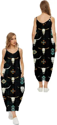 Vista 3 de Vestido largo de nativo americano con cuello en V y tiras indio nativo estampado 3D suelto vestido casual de verano