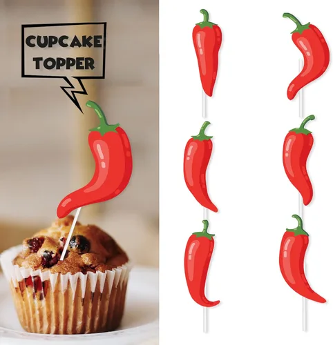 Vista 3 de Decoración tradicional para cupcakes de chile con purpurina roja, 18 piezas, decoración temática de comida mexicana, suministros de decoración