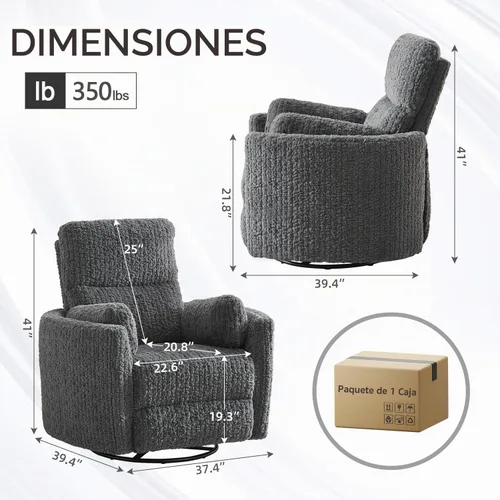 Vista 2 de Silla reclinable mecedora giratoria eléctrica con 2 almohadas, sillas reclinables eléctricas con puerto de carga tipo C y USB para sala de estar Gris