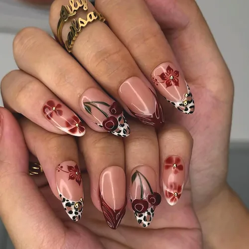 Vista 22 de Uñas postizas de almendra medianas MABKJLF con punta francesa, uñas falsas 3D con diseños de pedrería de flores de fresa, uñas pegajosas brillantes 1