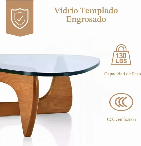 Vista 6 de Mesa de centro de cristal, mesa de centro moderna de mediados de siglo para sala de estar, mesa central ovalada rústica con parte superior de vidrio
