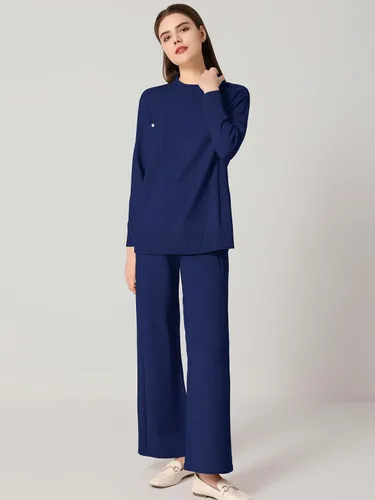 Vista 8 de SuperPrity Conjunto de suéter de manga larga para mujer, 2 piezas, cuello alto, suéter de punto trenzado, suéter de pierna ancha con bolsillos