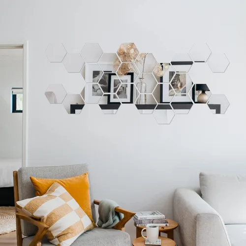 Vista 5 de 24 calcomanías de pared de espejo, calcomanías hexagonales de acrílico con respaldo autoadhesivo, espejos extraíbles para decoración del hogar, sala