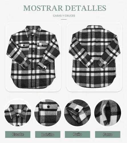 Vista 5 de Beaully Chaqueta-Camisa de Franela a Cuadros para Mujer, Trajes de Otoño 2025, Camisa de Manga Larga con Botones, Chaqueta Abrigo con Bolsillos Negro