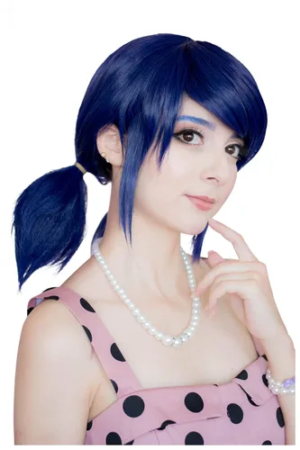 Vista 5 de DAZCOS Peluca de cosplay de anime para niñas y mujeres, cabello azul con cuerda roja