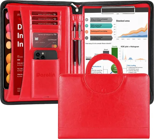 Vista 8 de Cartera Darolin de piel con cremallera, cartera con [asa oculta] y [portapapeles], cartera para conferencias de negocios, carpeta para bloc