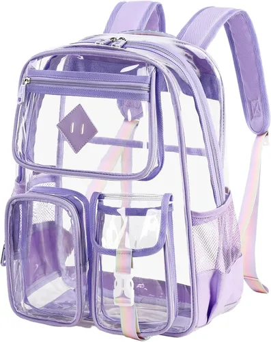 Vista 8 de Mochila transparente para escuela, resistente de PVC, transparente, bolsa transparente para libros aprobada por estadios, mujeres y niñas, Rosado