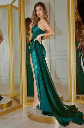 Vista 4 de Vestidos de fiesta de lentejuelas con purpurina, vestido de dama de honor con abertura de sirena de satén, vestido de dama de honor, elástico