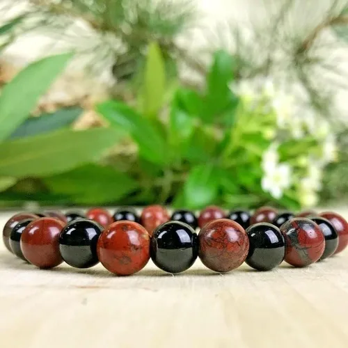 Vista 3 de Pulsera AAA natural de jaspe rojo y ónix negro, jaspe rojo natural, curación de cristal, pulsera de fertilidad, abundancia Wea rojo y negro, 8mm