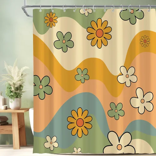 Vista 22 de Cortina de ducha pequeña para casa rodante, tamaño medio, estilo retro de los 70, con flores bonitas, estética abstracta de margaritas, decorativa