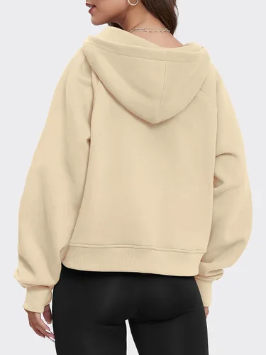 Vista 3 de ATHMILE Sudaderas cortas con capucha para mujer, media cremallera, forro polar, ropa de invierno, con cremallera de un cuarto