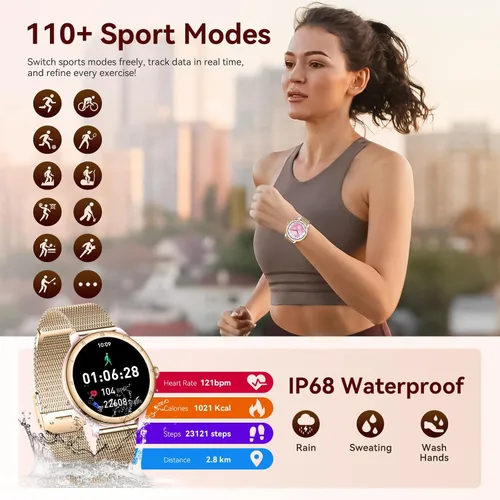 Vista 3 de Relojes inteligentes para mujer, pantalla HD, rastreador de actividad física 5ATM, resistente al agua con Bluetooth para hacerresponder llamadas