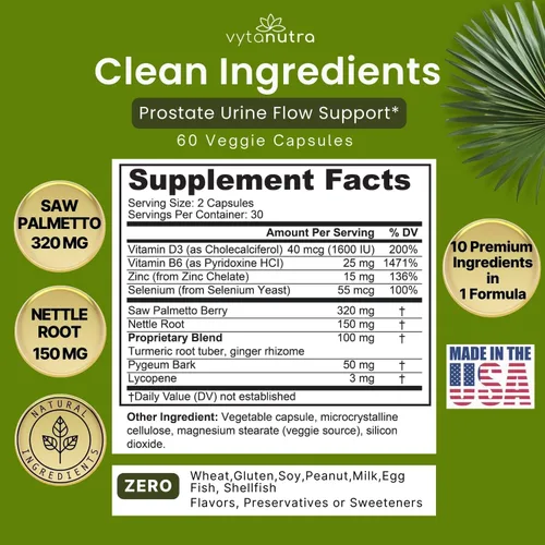 Vista 2 de Suplemento de próstata definitivo para hombres, palma enana americana vegana, raíz de ortiga, pigeo, cúrcuma, zinc, vitamina D3, apoya la función