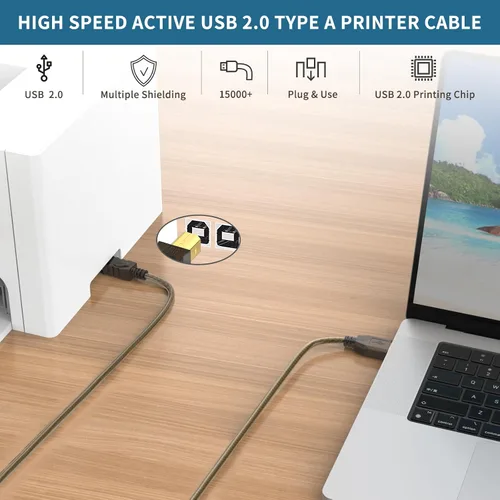 Vista 2 de Cable de impresora USB activo de 30 pies, USB 2.0 USB A a B, cable de escáner, cable de impresora USB activo de alta velocidad, cable USB
