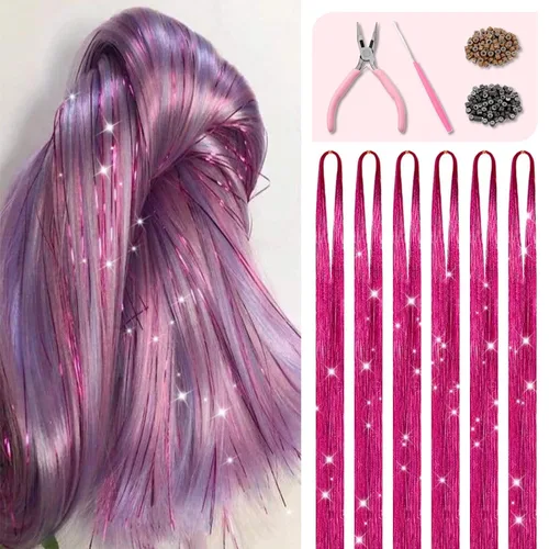Vista 10 de Kit de oropel para el cabello con herramientas e instrucciones, fácil de usar, 12 colores, 2400 hebras de 48 pulgadas, extensiones de cabello