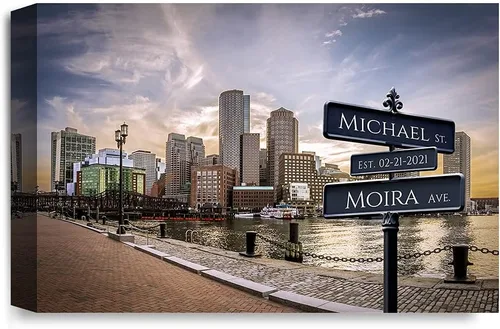 Vista 43 de IPIC - Personalized Framed Canvas with Custom Street Sign in Boston Personalized Street Signs with Names, Custom Canvas Print, Boston Sunset