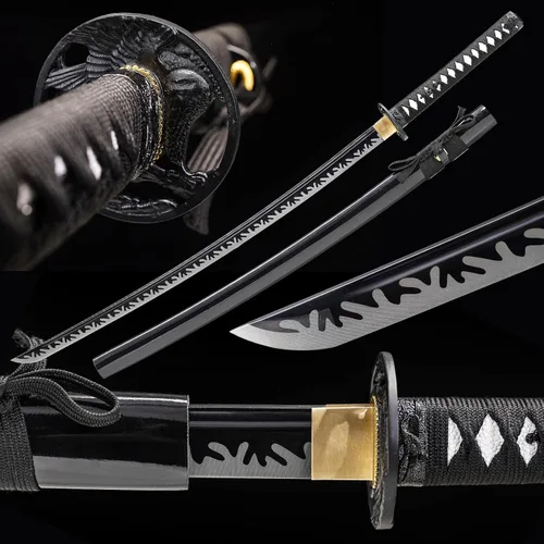 Vista 5 de Wuton Espada Katana real afilada 1060 de acero de alto carbono, espada samurái real de espiga completa lista para batalla, espadas samuráis