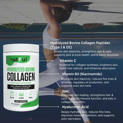Vista 7 de Polvo de péptidos de colágeno – Colágeno bovino hidrolizado con vitamina C, ácido hialurónico, zinc y B3 – Polvo de proteína tipo 1 y 3 sin sabor