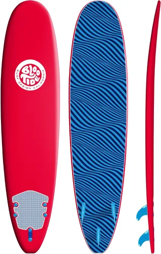 Vista 11 de Bloo Tide Tabla de surf de 8 pies con parte superior suave roja con diseño de Wavizm azul gráfico inferior