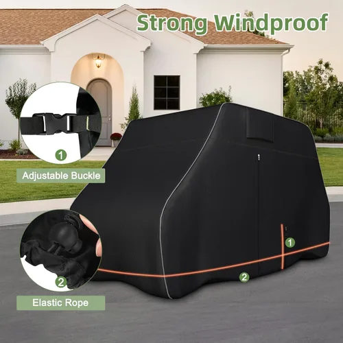 Vista 4 de Funda para carrito de golf de 2/4 pasajeros, impermeable, resistente 600D con tiras reflectantes, ajuste universal para EZGO, Yamaha, Club Car