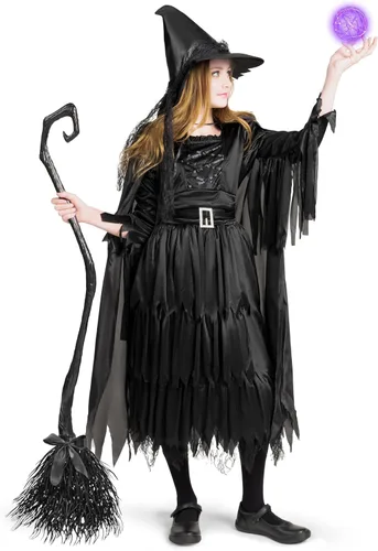 Vista 11 de Disfraz clásico de bruja malvada gótica, bruja negra para Halloween