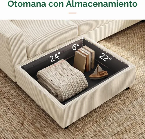 Vista 5 de HONBAY Sofá modular de pana con almacenamiento, sofá en forma de U con diván, sofá modular de 7 plazas para sala de estar, color beige