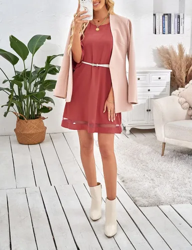 Vista 4 de LookbookStore - Vestido estilo túnica para mujer, holgado, con mangas 34 acampanadas con panel de malla, cuello redondo