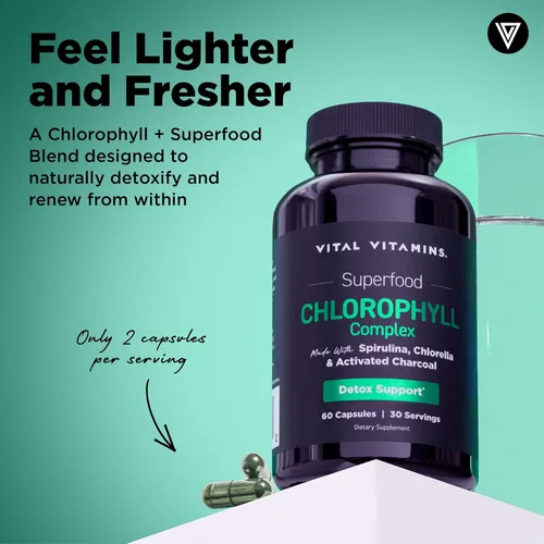 Vista 2 de Vital Vitamins Pastillas de clorofila – Suplemento desodorizante corporal – Hecho con espirulina, clorella, perejil orgánico, menta y carbón