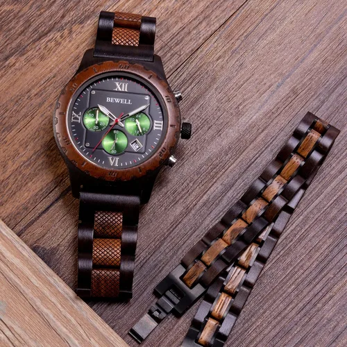 Vista 2 de BEWELL Relojes de madera para hombre cuarzo multifuncional cronógrafo fecha casual reloj de madera para hombre