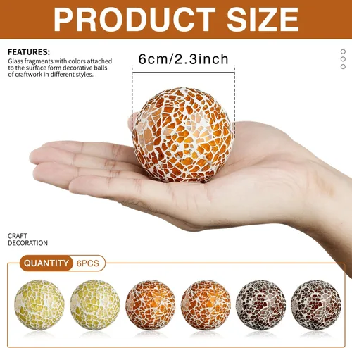 Vista 2 de Juego de 6 bolas decorativas de 2.4 pulgadas/2.4 in, esferas de mosaico pequeñas, orbes de vidrio, bolas decorativas para centro de mesa, tazones