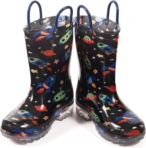 Vista 4 de HugRain - Botas de lluvia con luces para niños pequeños Cosmos Negro
