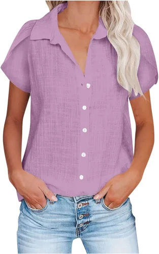 Vista 8 de Camisetas de verano para mujer, de manga corta, pétalos, de lino, con bolsillo, casual, con botones, blusas básicas