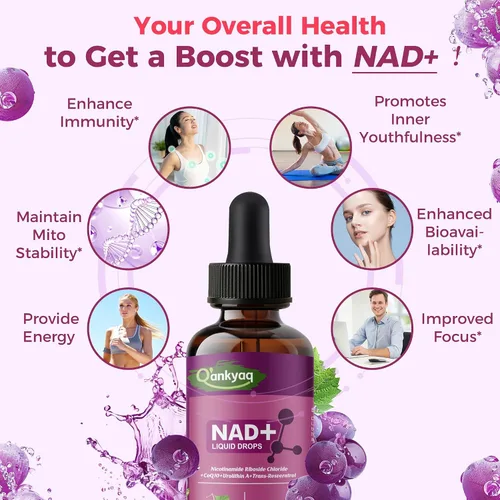 Vista 4 de NAD - Gotas de 1000 mg con cloruro de ribósido de nicotinamida, trans-resveratrol, tintura NAD Plus para proporcionar energía, estabilidad Mito*